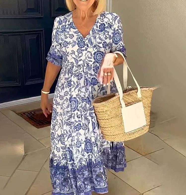 V-neck Floral Printed Pleated A-line Maxi Dress