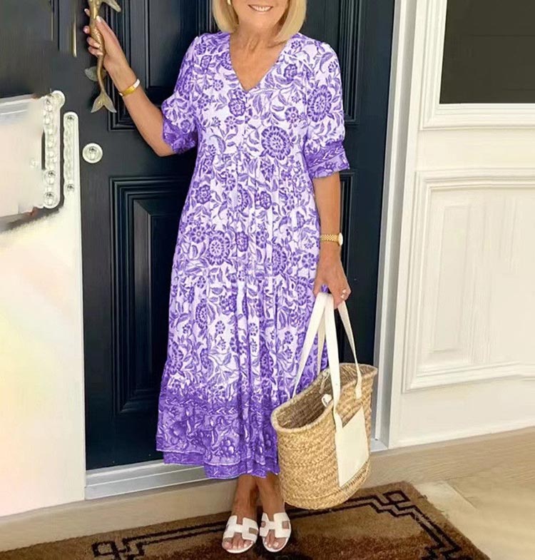 V-neck Floral Printed Pleated A-line Maxi Dress