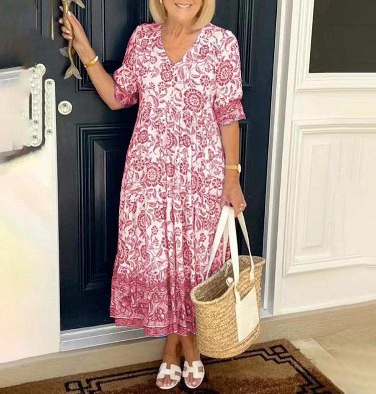 V-neck Floral Printed Pleated A-line Maxi Dress