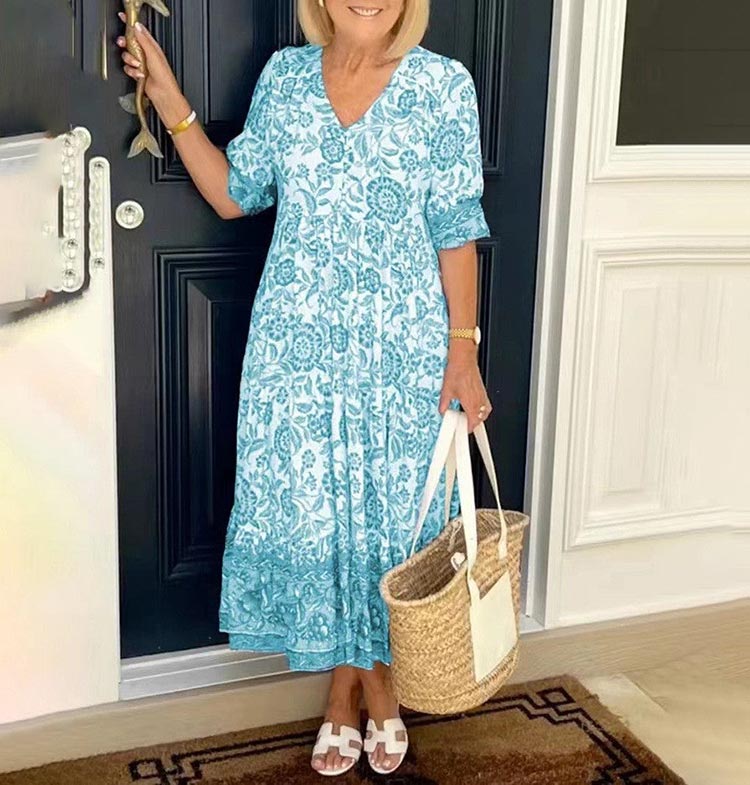 V-neck Floral Printed Pleated A-line Maxi Dress