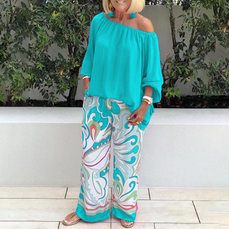 Off Shoulder Puff Sleeves Top and Printed Pants Casual Two-piece Suit