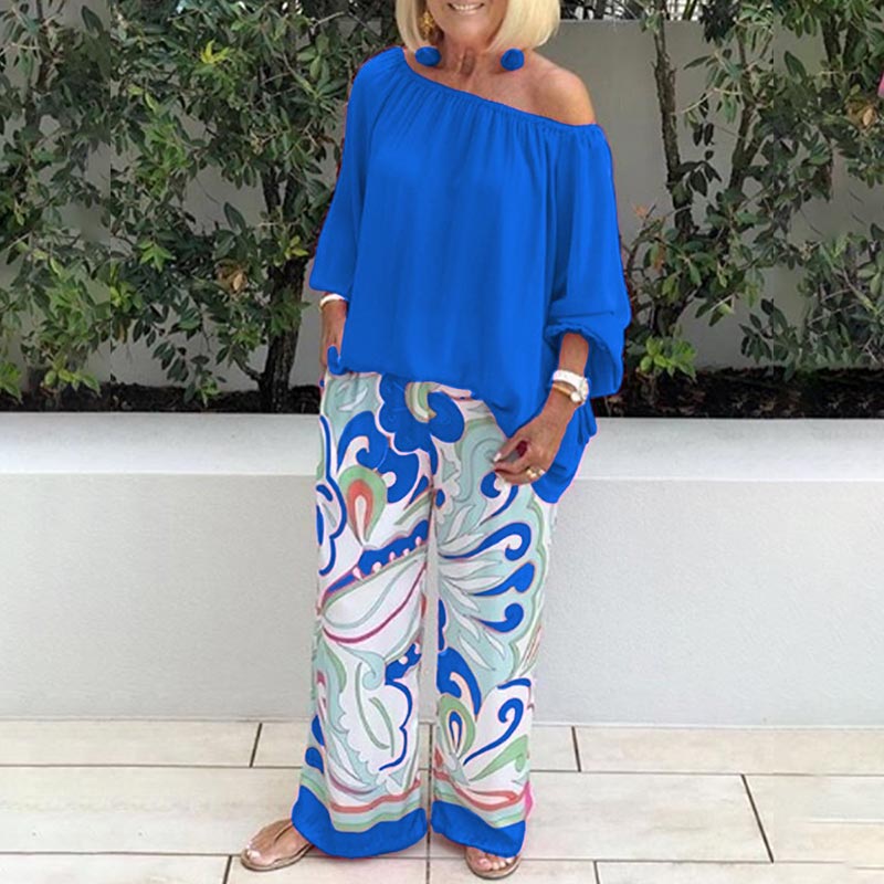 Off Shoulder Puff Sleeves Top and Printed Pants Casual Two-piece Suit