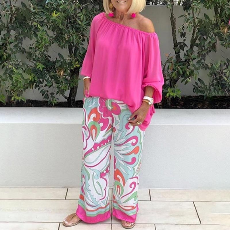 Off Shoulder Puff Sleeves Top and Printed Pants Casual Two-piece Suit