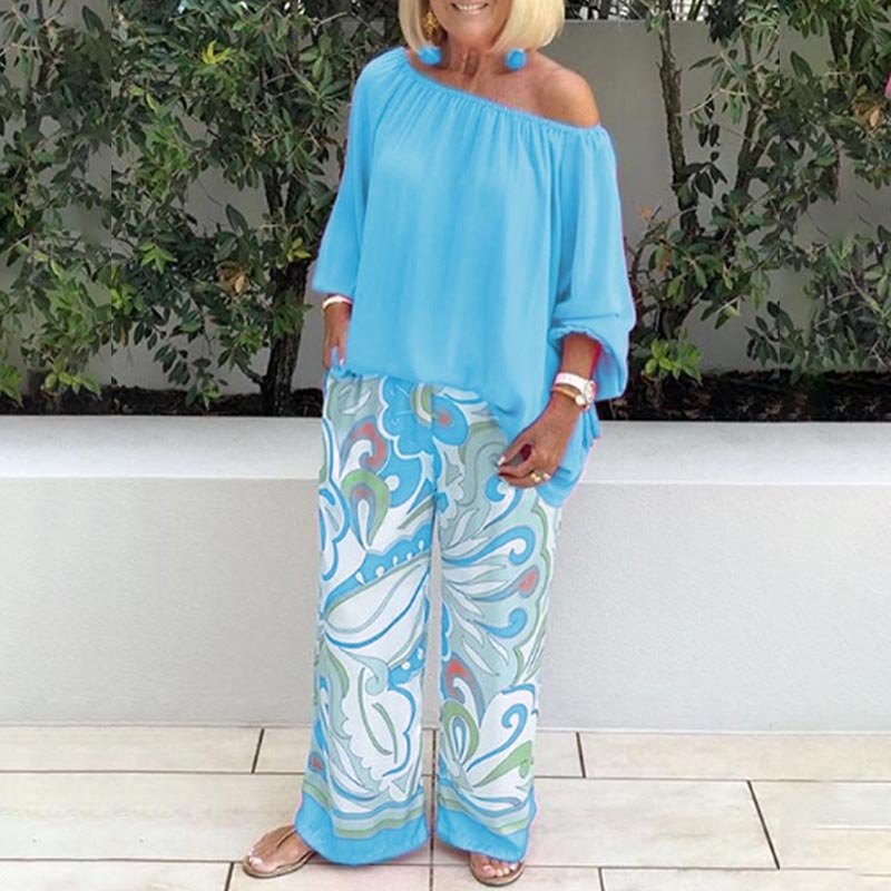 Off Shoulder Puff Sleeves Top and Printed Pants Casual Two-piece Suit