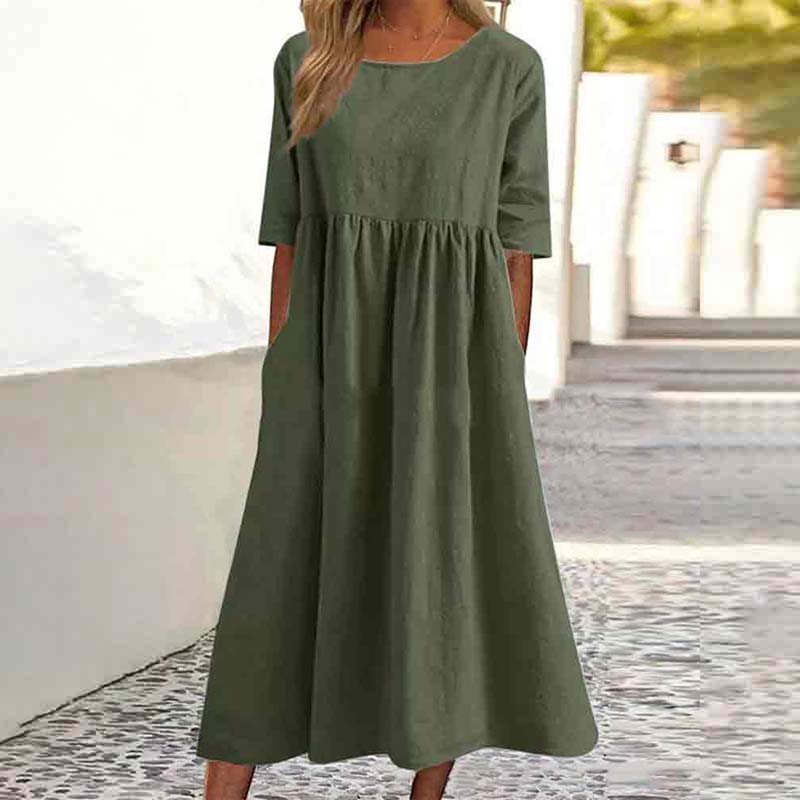 Casual Solid Color Short-sleeved Pockets Pleated Loose Dress