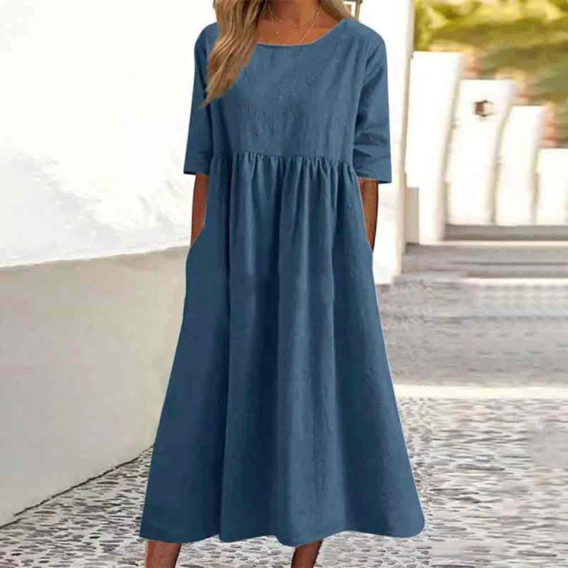 Casual Solid Color Short-sleeved Pockets Pleated Loose Dress