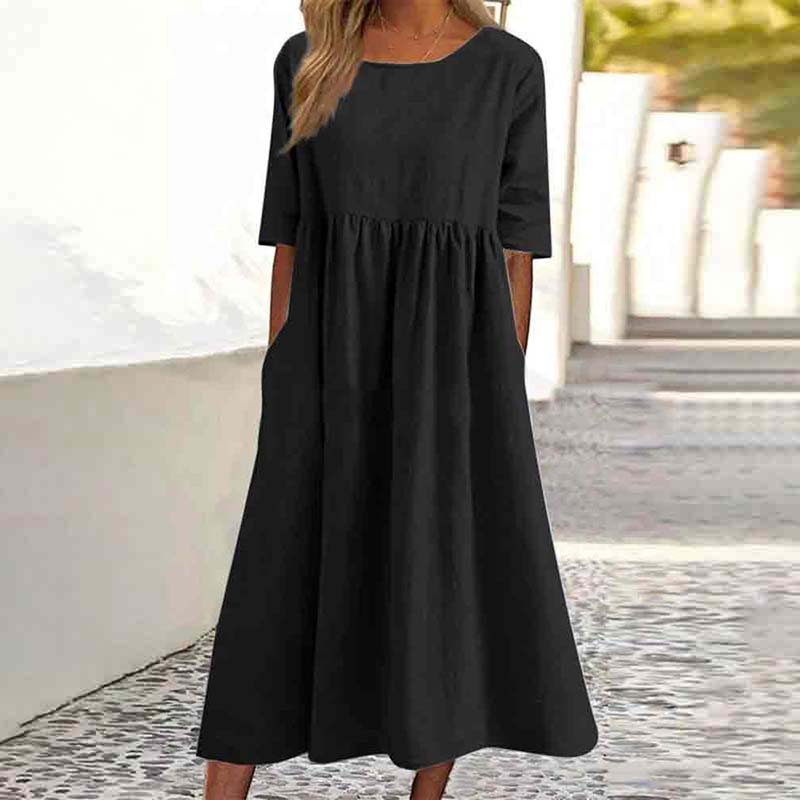 Casual Solid Color Short-sleeved Pockets Pleated Loose Dress