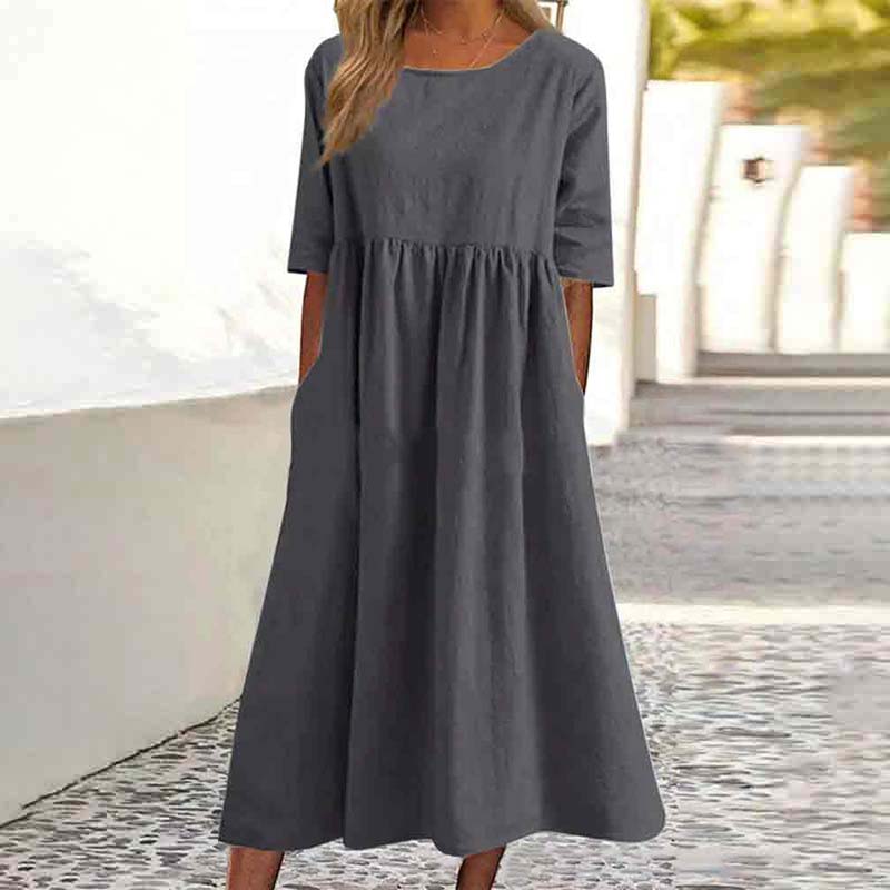 Casual Solid Color Short-sleeved Pockets Pleated Loose Dress