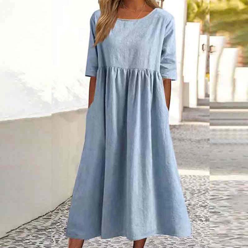 Casual Solid Color Short-sleeved Pockets Pleated Loose Dress