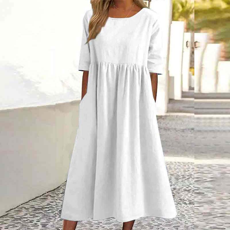 Casual Solid Color Short-sleeved Pockets Pleated Loose Dress