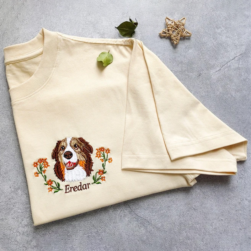 Custom Pet Wreath Embroidery T-shirt Cute Furry Baby Keepsake Gift