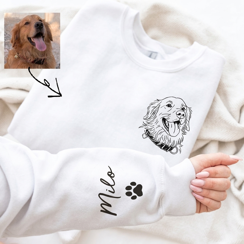 Custom Pet Face Sketch Embroidery Sweatshirt Furry Baby Special Gift