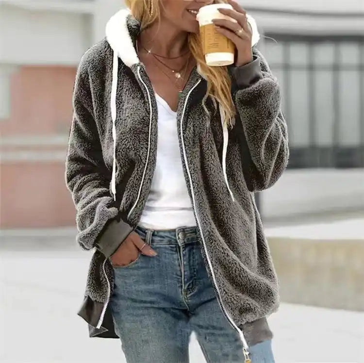 Women Loose Plush Zippered Hooded Coat