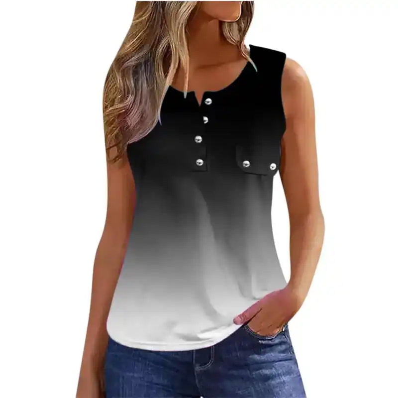 Multicolor Gradient Printed Sleeveless Button Vest T-shirt