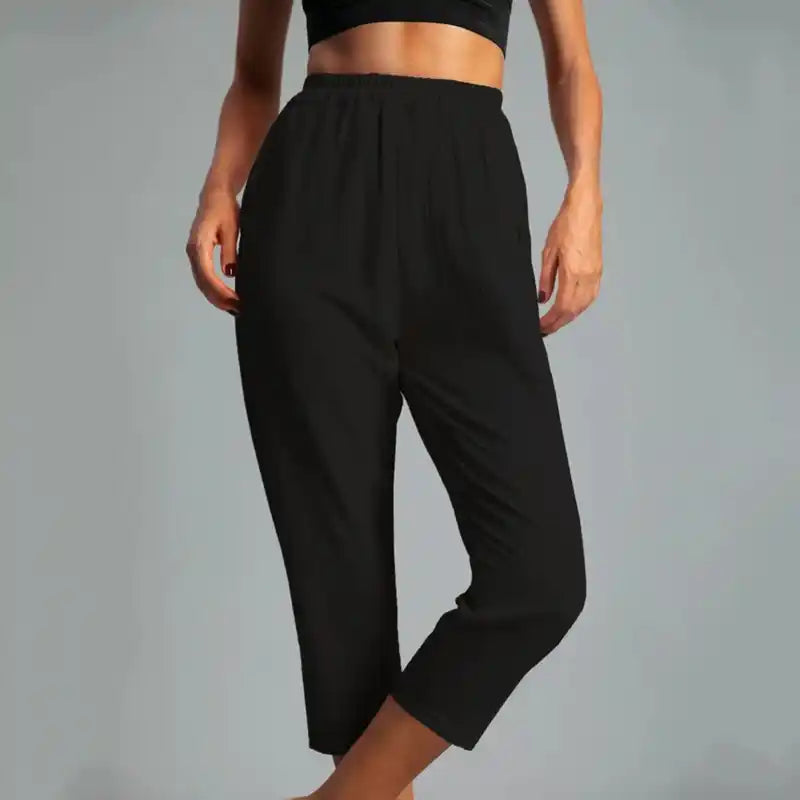 Cotton And Linen Plain Tapered Pocket Casual Capris Pants