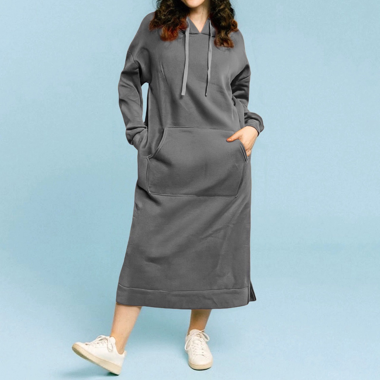 Warm Thickened Fleece Sweater Dress Autumn Winter Hooded Pocket Dress