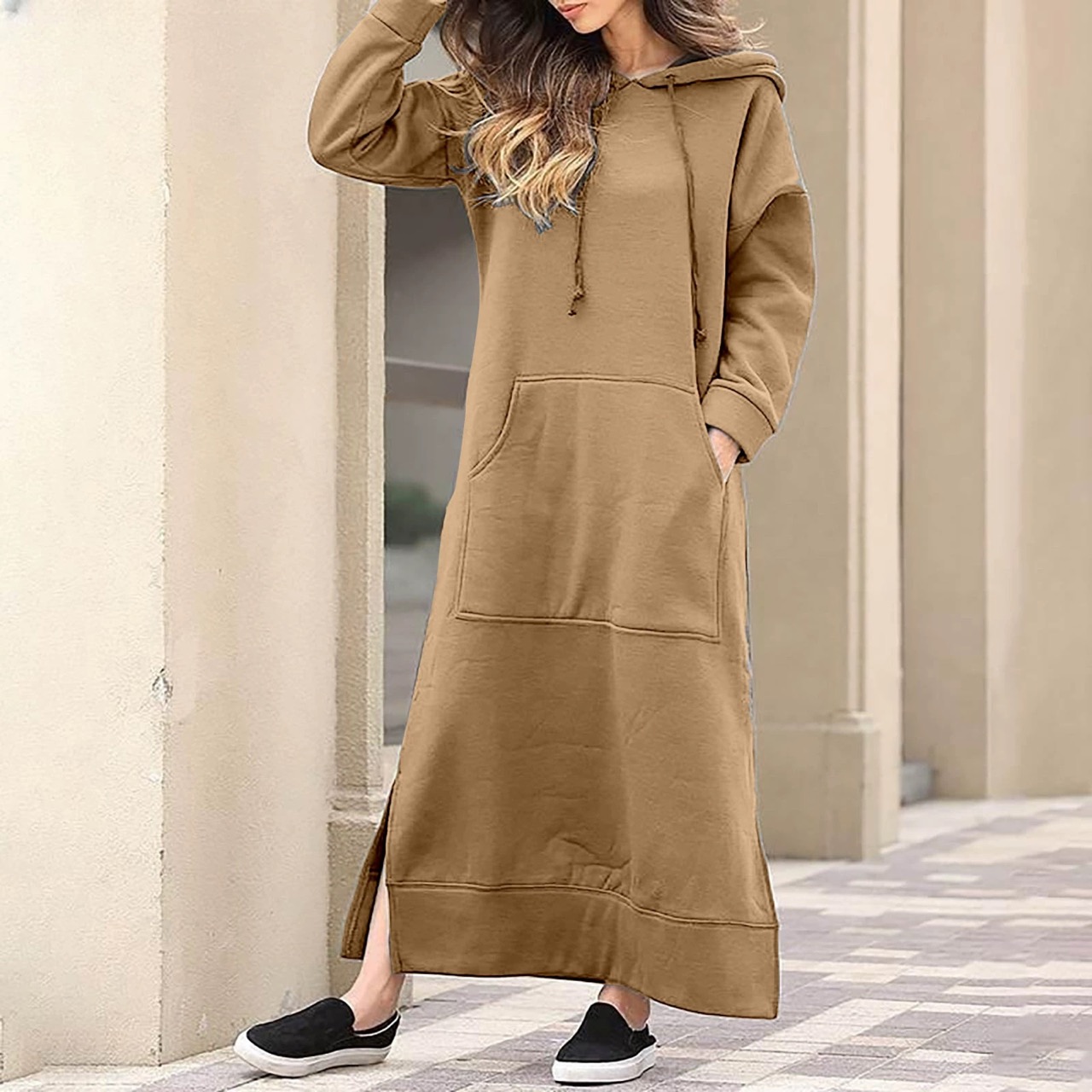 Warm Fleece Hooded Sweater Dress Thickened Autumn Winter Pocket Dress