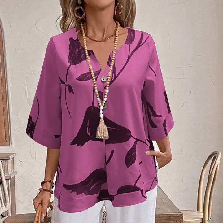 Fashion Flower Printed Casual Button Decorated V-neck Loose Shirt