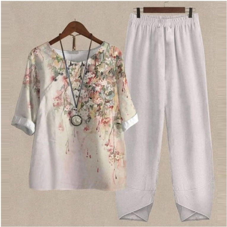 Half Sleeve Flower Printed Top and Pants Two-piece Suit