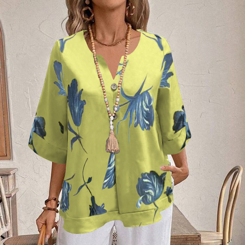 Fashion Flower Printed Casual Button Decorated V-neck Loose Shirt