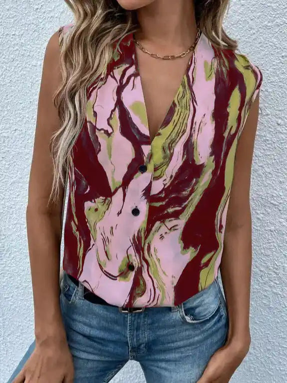 Printed Gothic Style V-neck Button Blouse