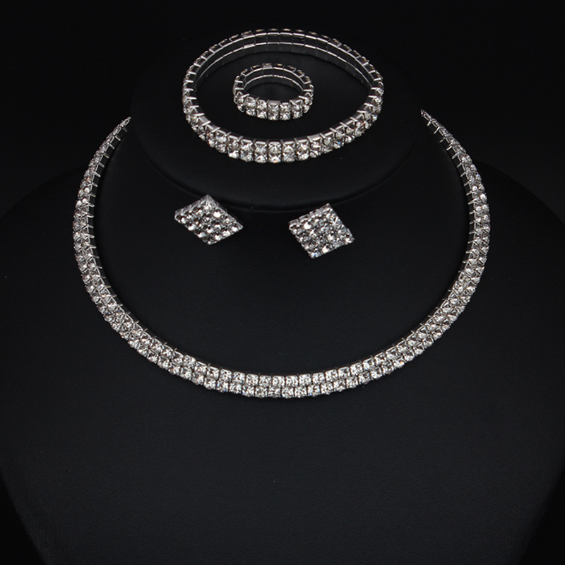 Multi-Layer Sparkling Necklace Ring Bracelet Earrings Four-Piece Set