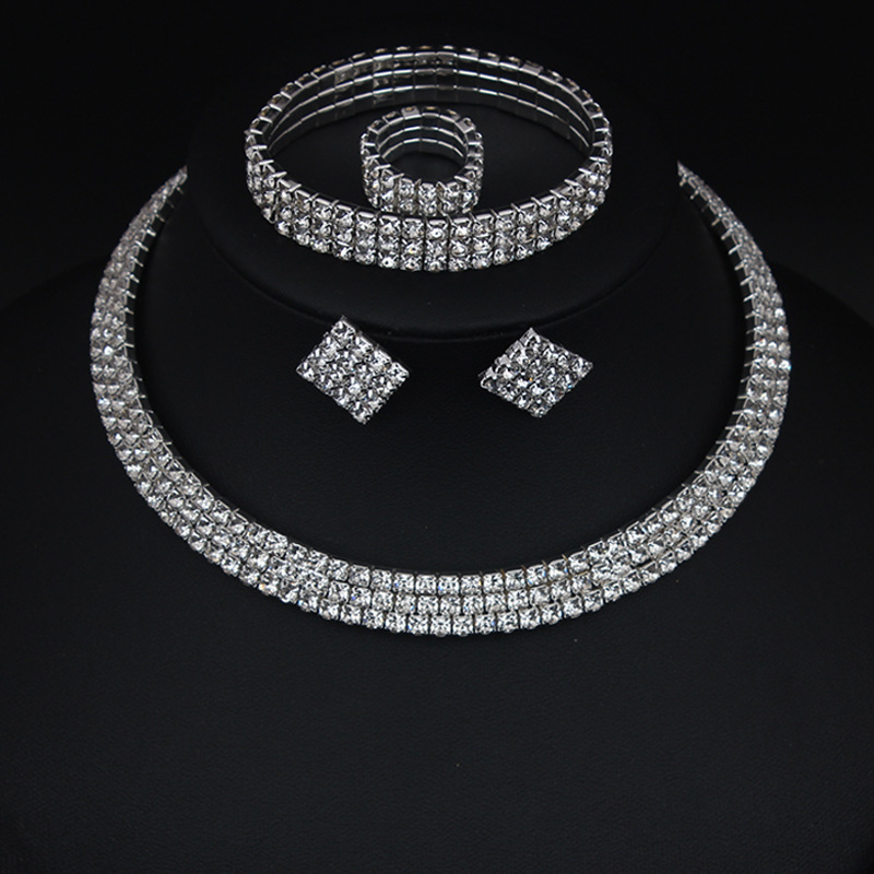 Multi-Layer Sparkling Necklace Ring Bracelet Earrings Four-Piece Set
