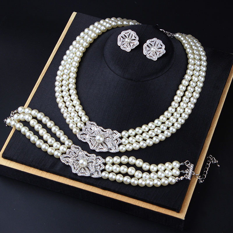 Pearl Necklace Earrings Bracelet Three-Piece Set Wedding Accessories