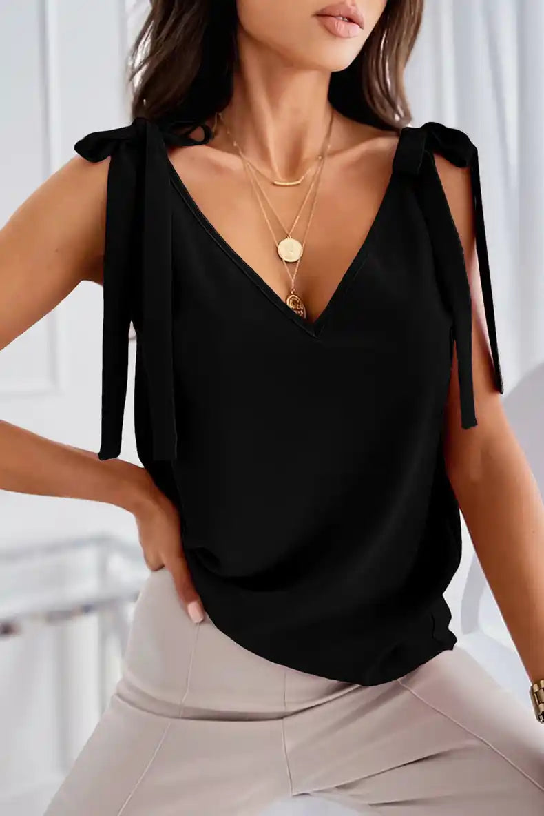 Fashion Solid Color Shoulder Bow Strap V-neck Top