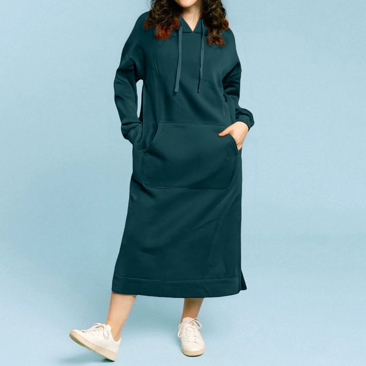 Warm Thickened Fleece Sweater Dress Autumn Winter Hooded Pocket Dress