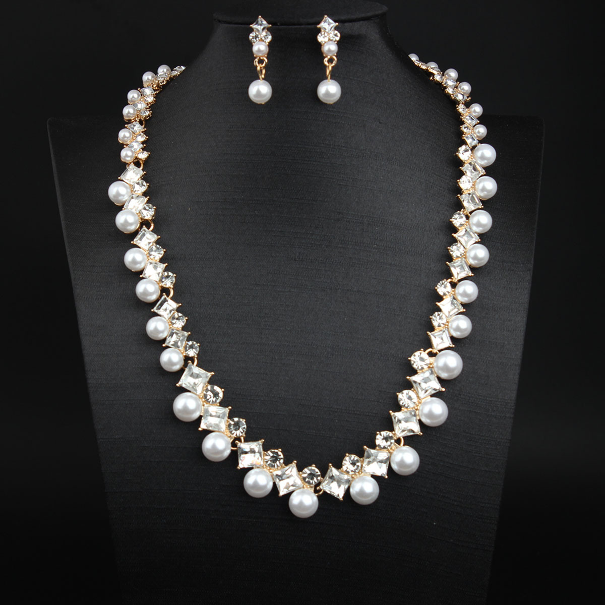 Pearl Rhinestone Necklace And Earrings Set Dress Bridal Accessories