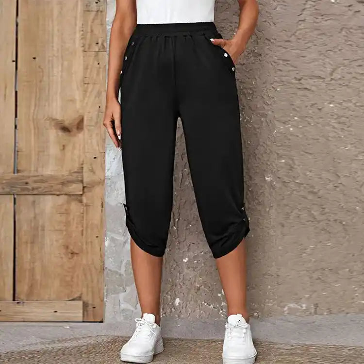 Fashion Solid Color Casual Pocket Cropped Elastic Pants