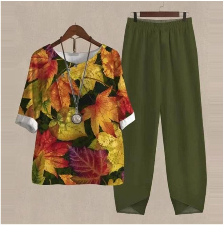 Half Sleeve Flower Printed Top and Pants Two-piece Suit