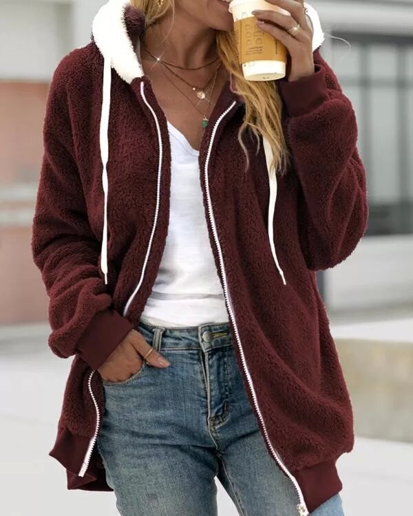 Women Loose Plush Zippered Hooded Coat