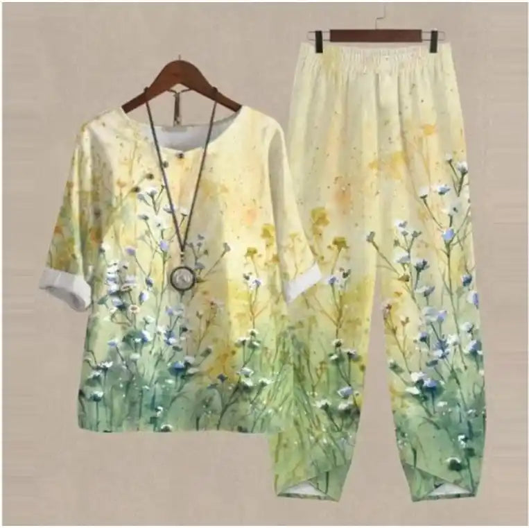 Half Sleeve Flower Printed Top and Pants Two-piece Suit