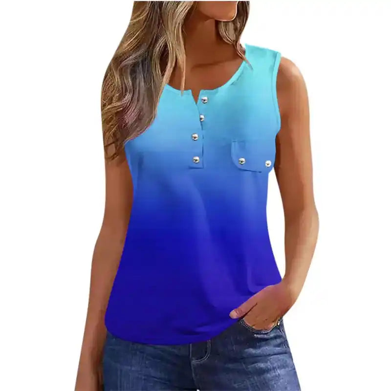 Multicolor Gradient Printed Sleeveless Button Vest T-shirt