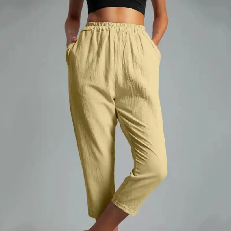 Cotton And Linen Plain Tapered Pocket Casual Capris Pants