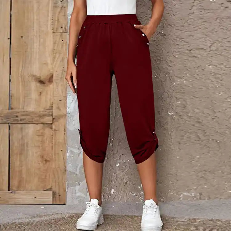 Fashion Solid Color Casual Pocket Cropped Elastic Pants