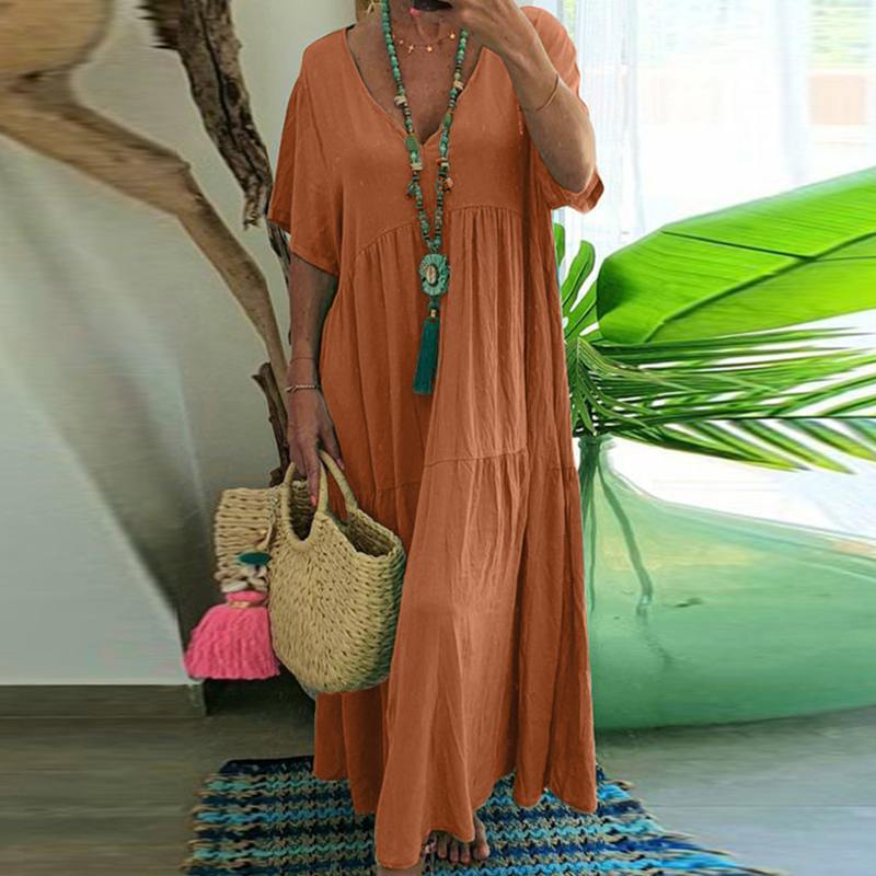 V-neck Cotton Linen Solid Color Pleated A-line Maxi Dress