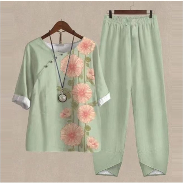 Half Sleeve Flower Printed Top and Pants Two-piece Suit