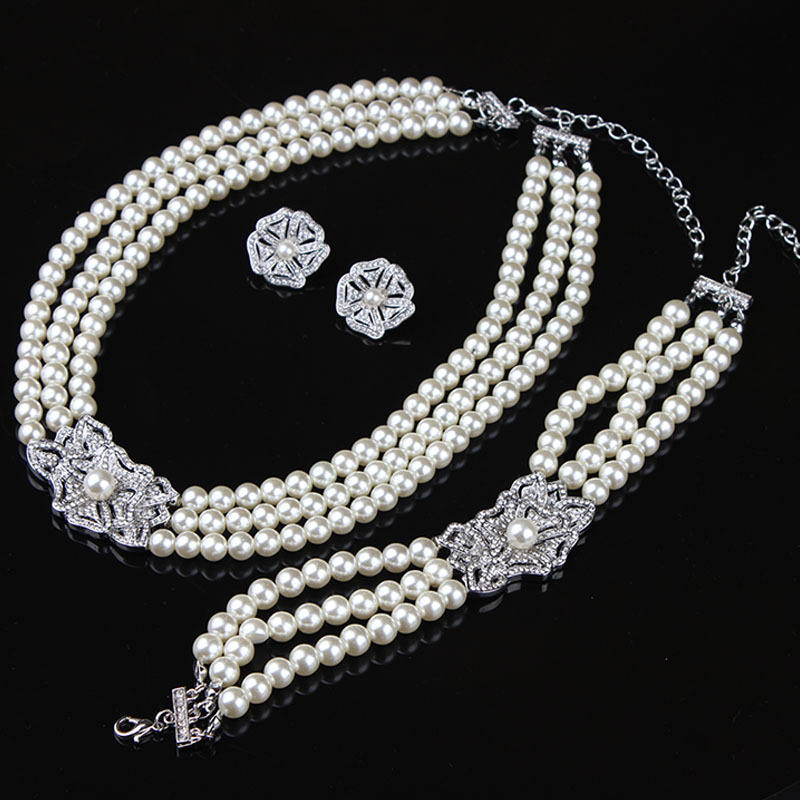 Pearl Necklace Earrings Bracelet Three-Piece Set Wedding Accessories