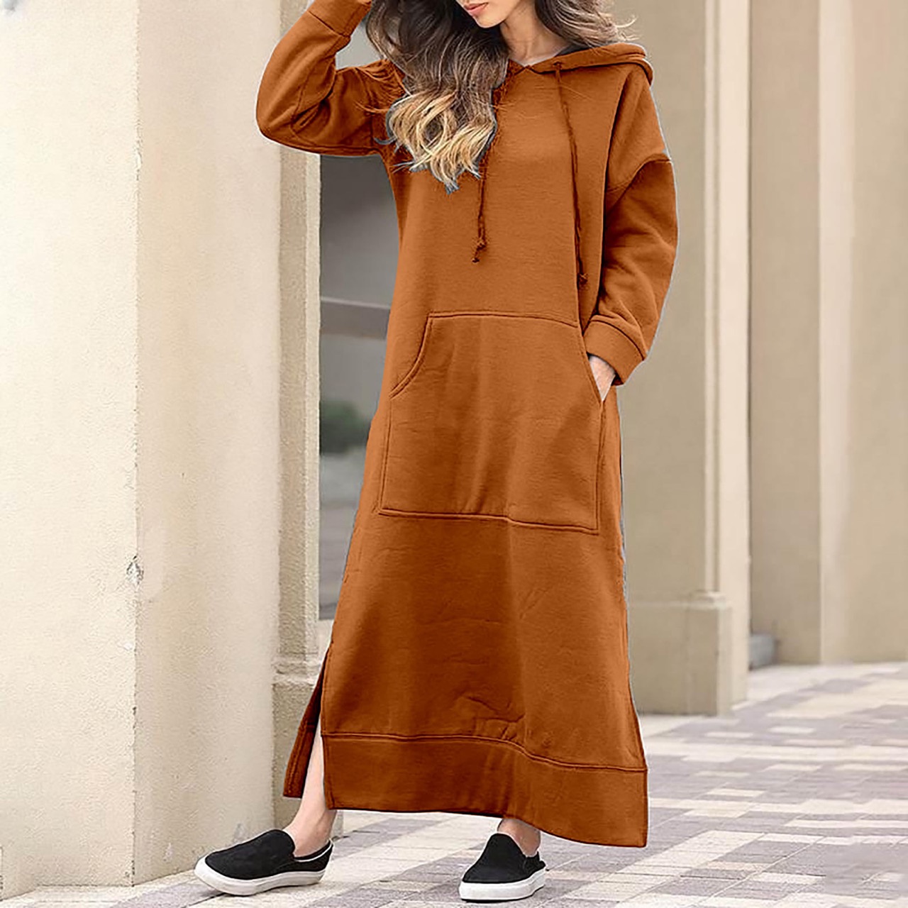 Warm Fleece Hooded Sweater Dress Thickened Autumn Winter Pocket Dress