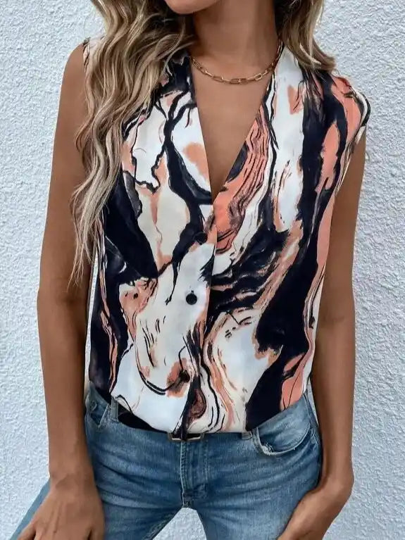 Printed Gothic Style V-neck Button Blouse