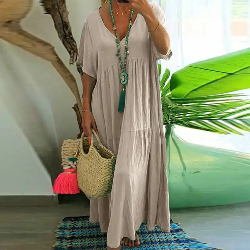 V-neck Cotton Linen Solid Color Pleated A-line Maxi Dress