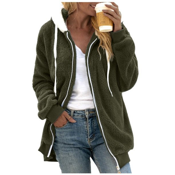 Women Loose Plush Zippered Hooded Coat