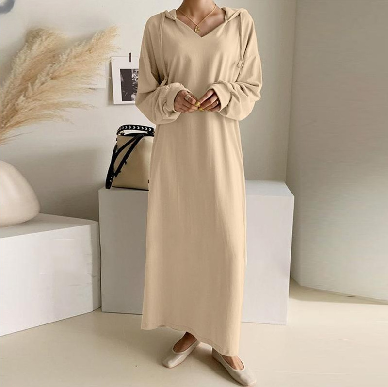 Fashion Solid Color Long Sleeve Hooded Pockets Loose Long Dress 
