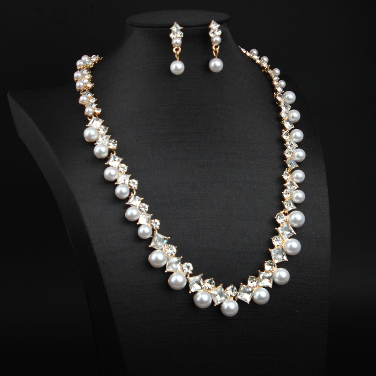 Pearl Rhinestone Necklace And Earrings Set Dress Bridal Accessories