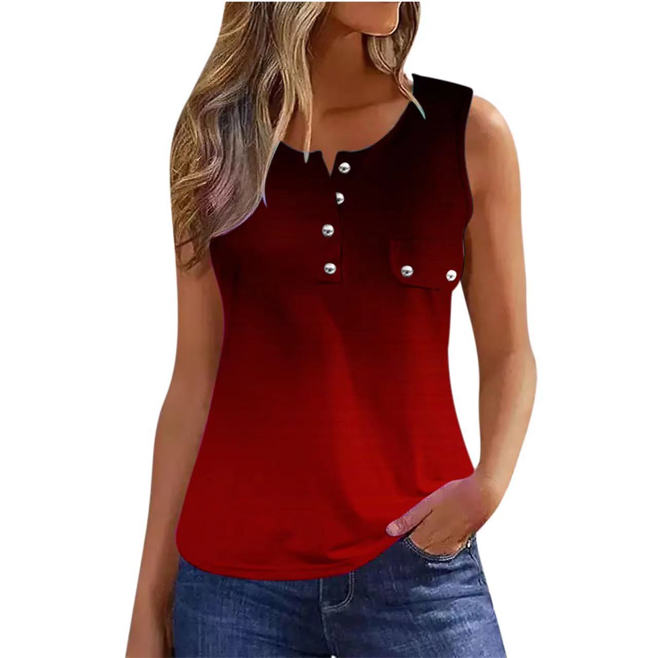 Multicolor Gradient Printed Sleeveless Button Vest T-shirt