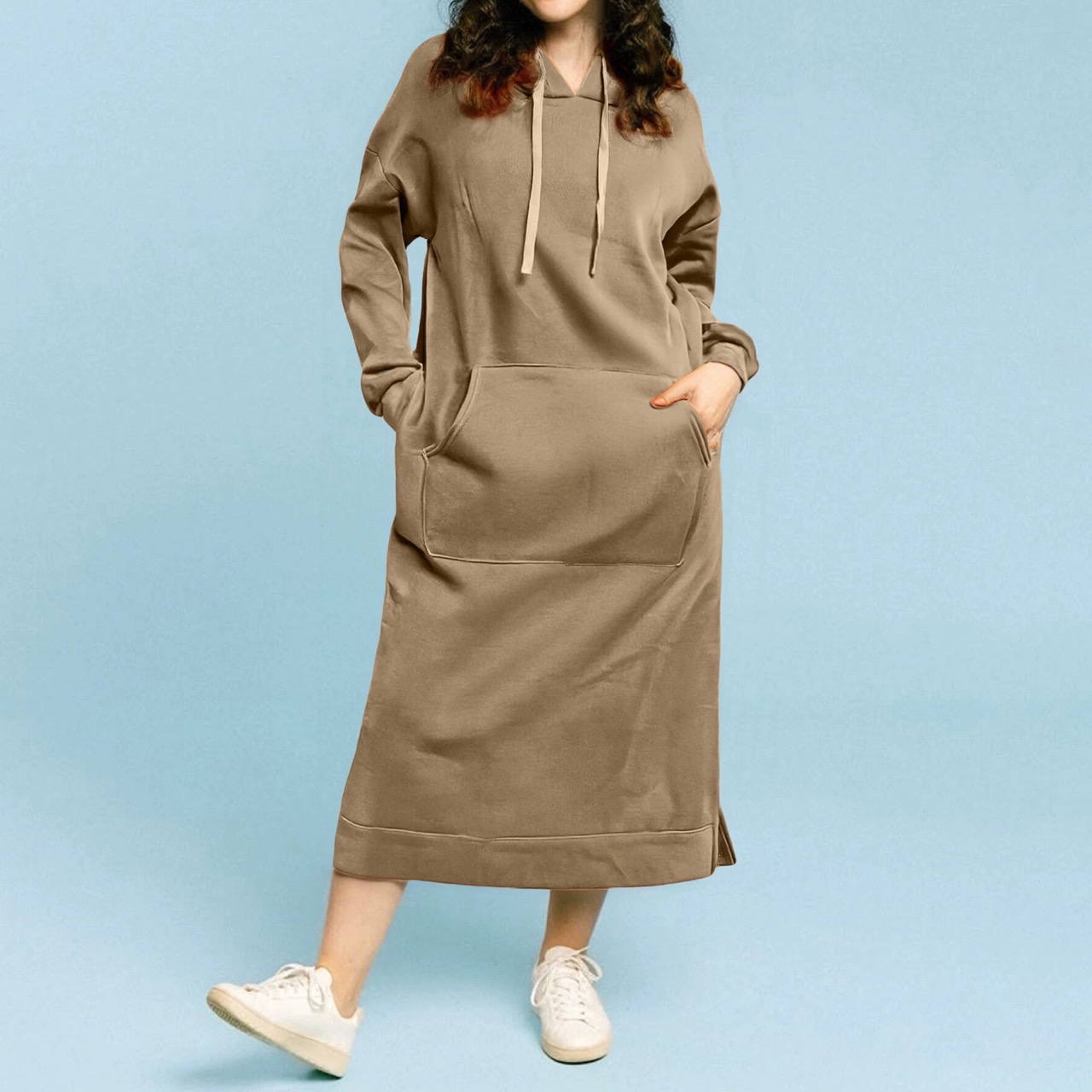 Warm Thickened Fleece Sweater Dress Autumn Winter Hooded Pocket Dress