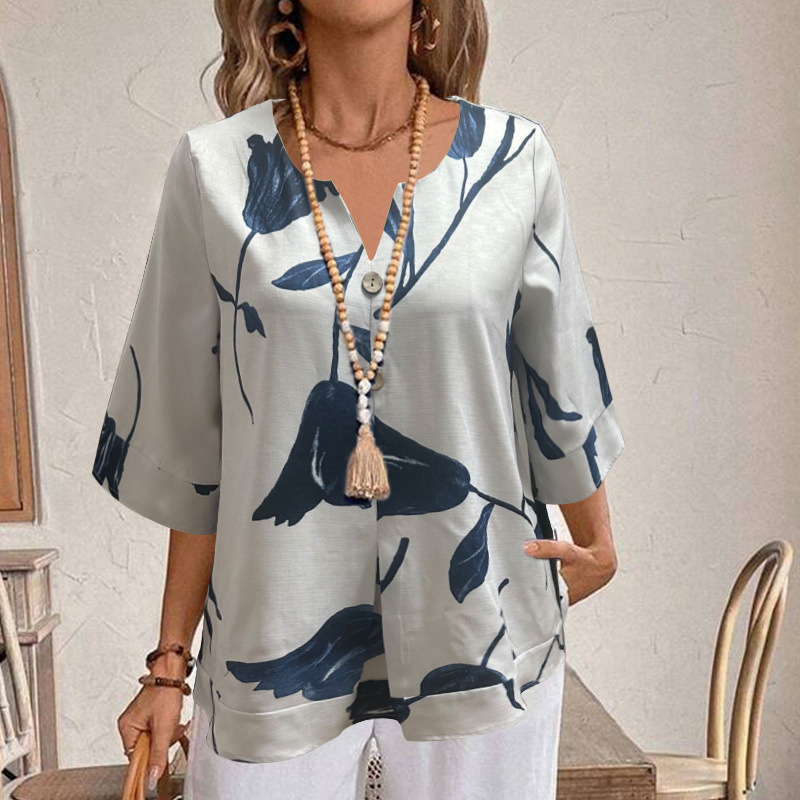 Fashion Flower Printed Casual Button Decorated V-neck Loose Shirt